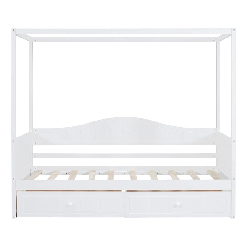 Base de cama de día con dosel, de madera de pino, tamaño individual y con 2 cajones de almacenamiento