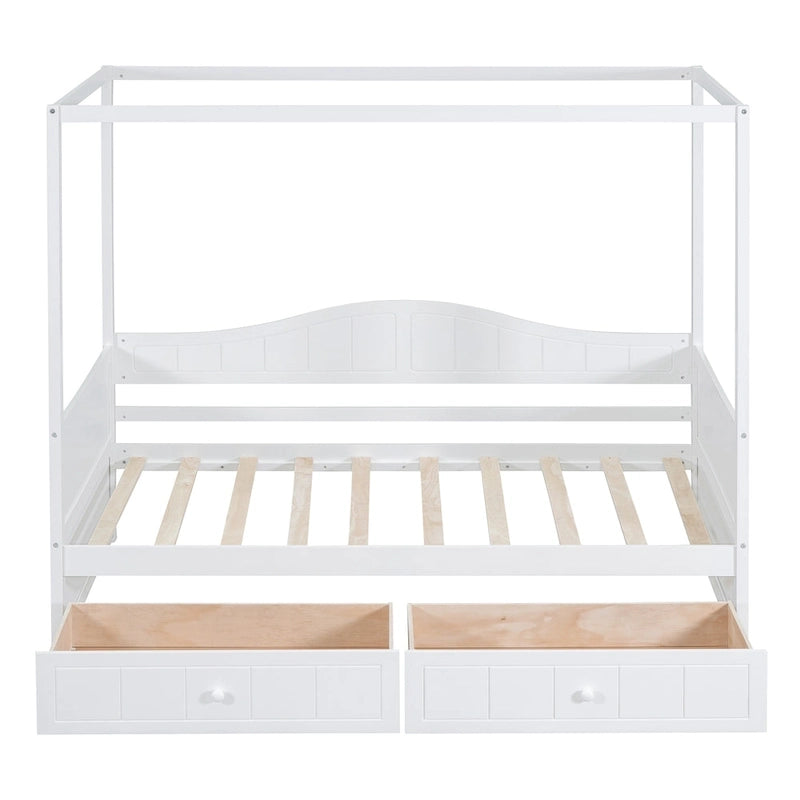 Base de cama de día con dosel, de madera de pino, tamaño individual y con 2 cajones de almacenamiento