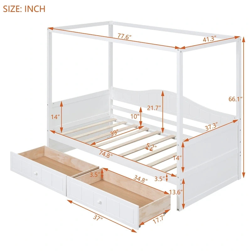 Base de cama de día con dosel, de madera de pino, tamaño individual y con 2 cajones de almacenamiento