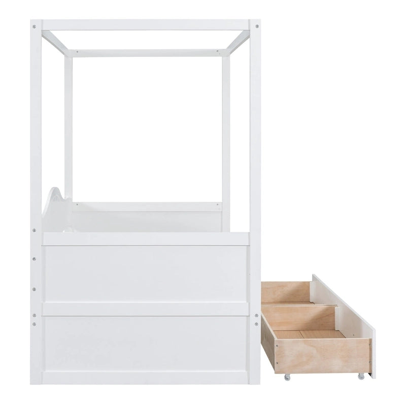 Base de cama de día con dosel, de madera de pino, tamaño individual y con 2 cajones de almacenamiento