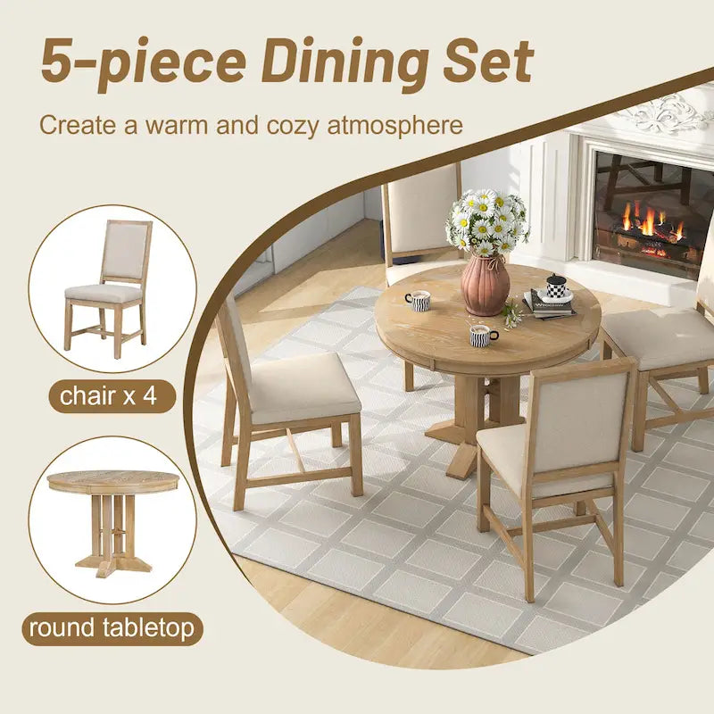 Juego de comedor de madera de 5 piezas con mesa redonda extensible y 4 sillas