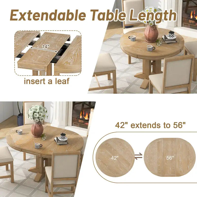 Juego de comedor de madera de 5 piezas con mesa redonda extensible y 4 sillas