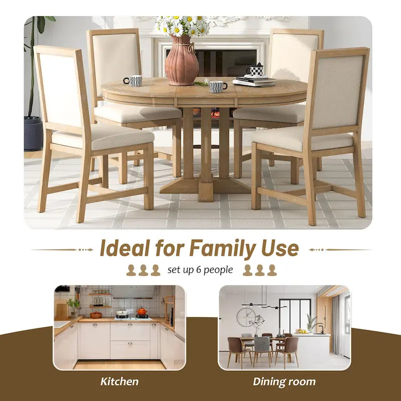 Juego de comedor de madera de 5 piezas con mesa redonda extensible y 4 sillas