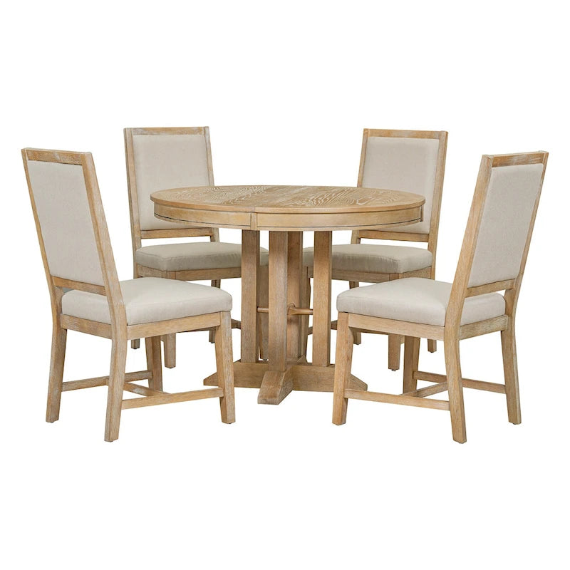 Juego de comedor de madera de 5 piezas con mesa redonda extensible y 4 sillas