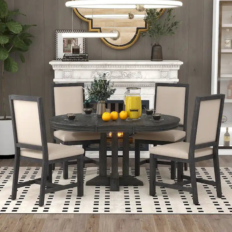 Juego de comedor de madera de 5 piezas con mesa redonda extensible y 4 sillas