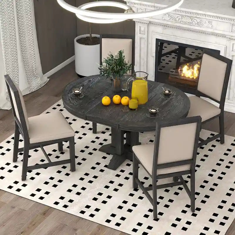 Juego de comedor de madera de 5 piezas con mesa redonda extensible y 4 sillas