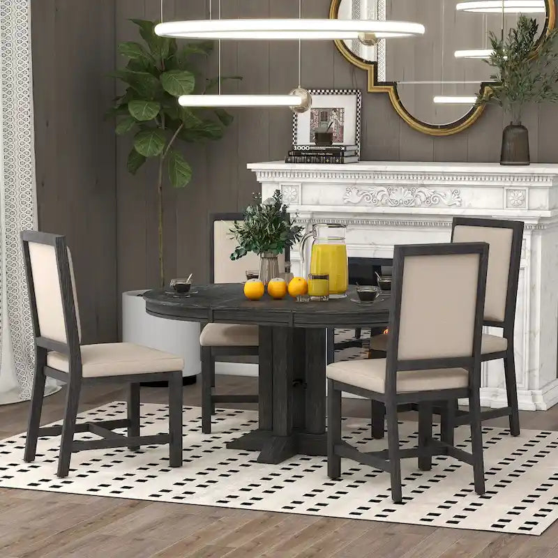 Juego de comedor de madera de 5 piezas con mesa redonda extensible y 4 sillas