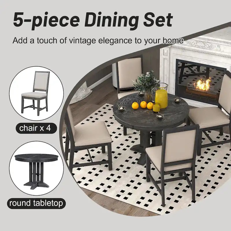 Juego de comedor de madera de 5 piezas con mesa redonda extensible y 4 sillas