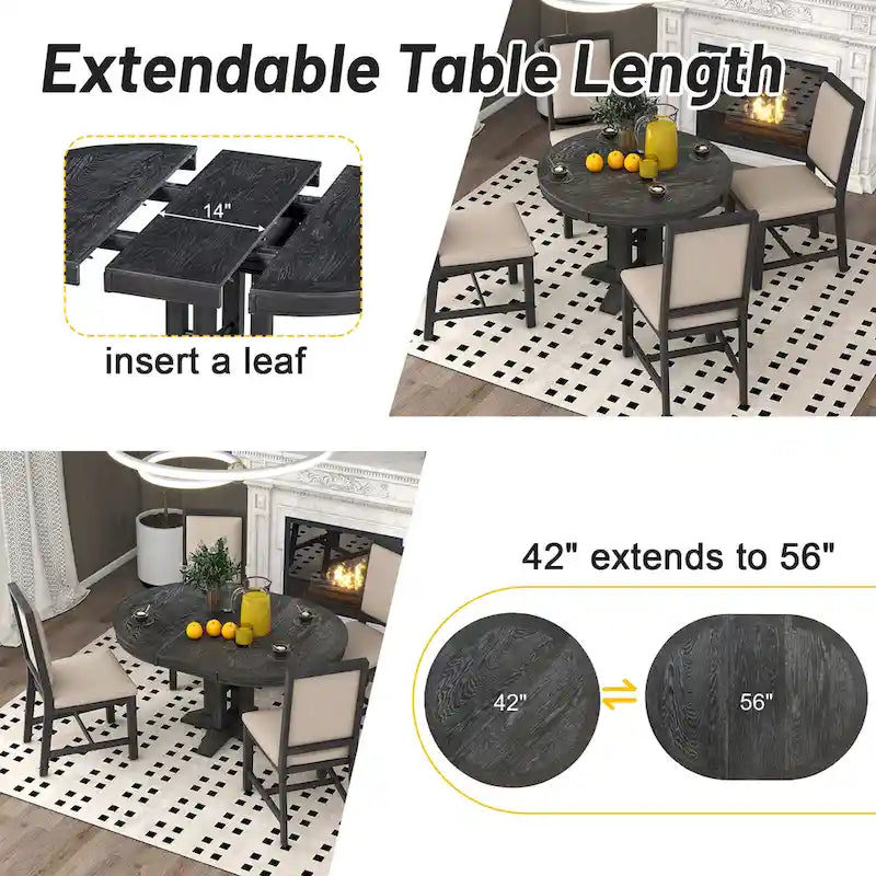 Juego de comedor de madera de 5 piezas con mesa redonda extensible y 4 sillas