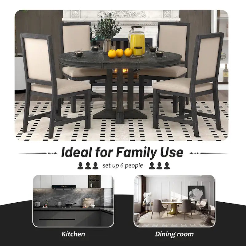 Juego de comedor de madera de 5 piezas con mesa redonda extensible y 4 sillas