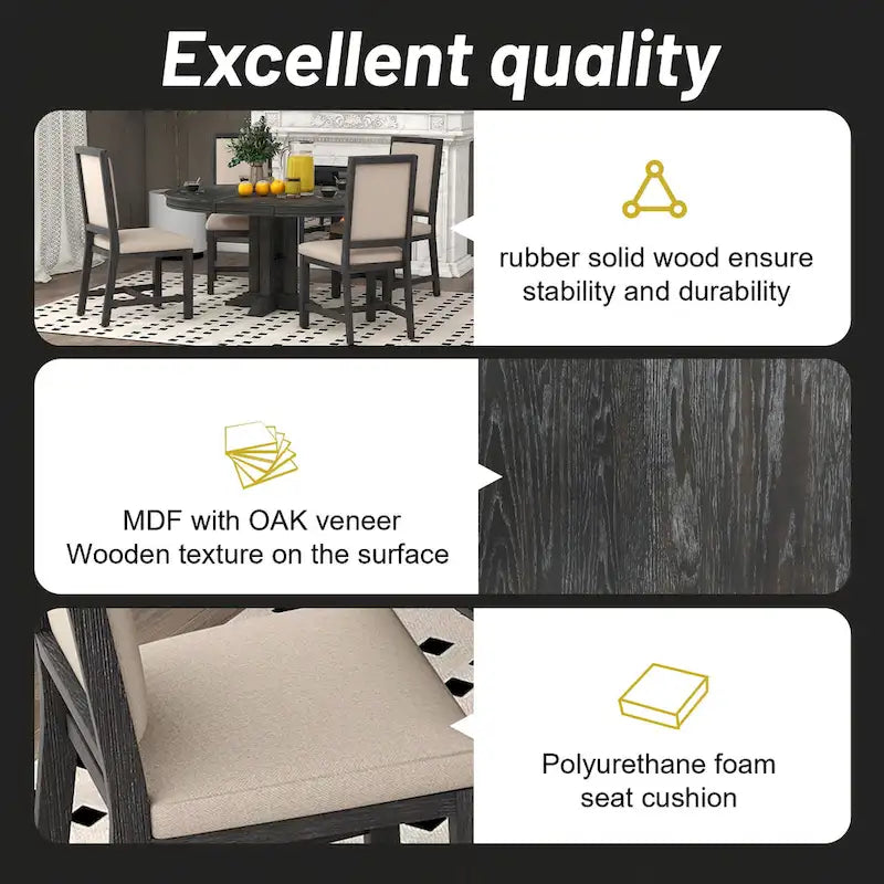 Juego de comedor de madera de 5 piezas con mesa redonda extensible y 4 sillas
