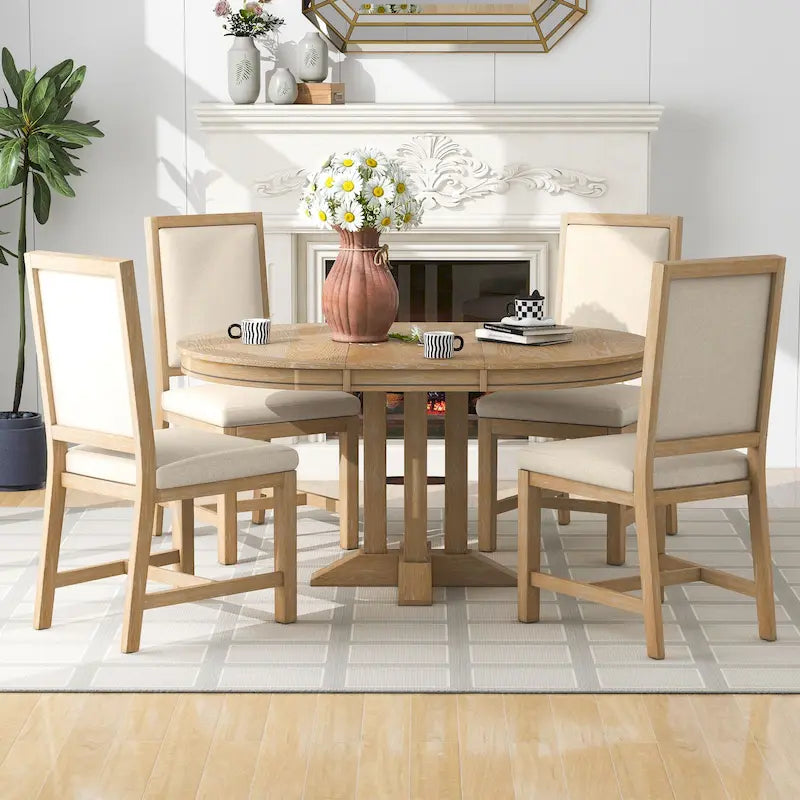 Juego de comedor de madera de 5 piezas con mesa redonda extensible y 4 sillas