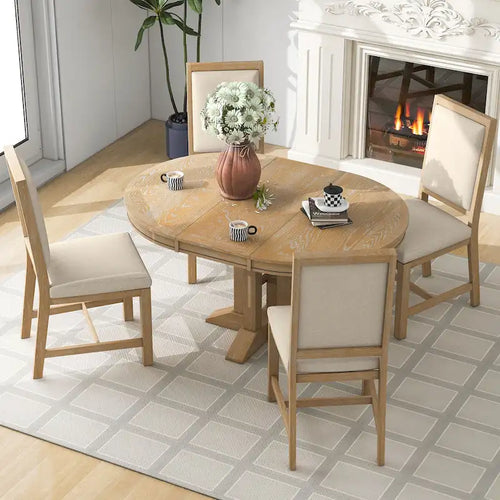 Juego de comedor de madera de 5 piezas con mesa redonda extensible y 4 sillas