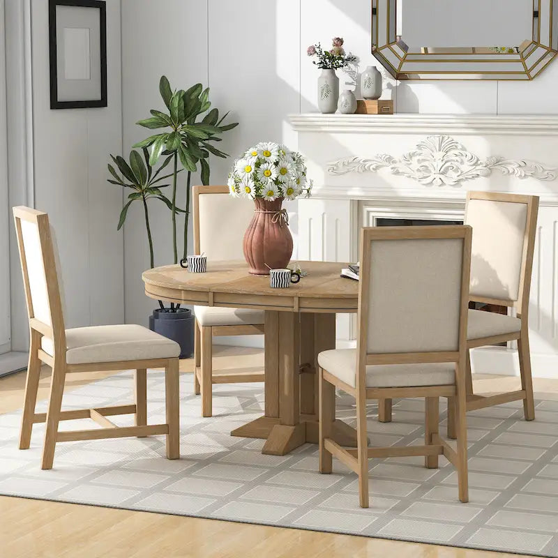 Juego de comedor de madera de 5 piezas con mesa redonda extensible y 4 sillas