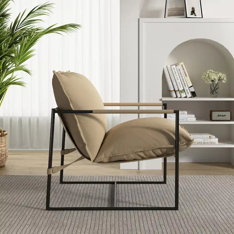 Sillón de Acento con Estructura Metálica y Asiento Colgante – Estilo Cuadrado Abierto, 1 Persona (Marrón / Gris Claro / Azul / Negro / Beige)