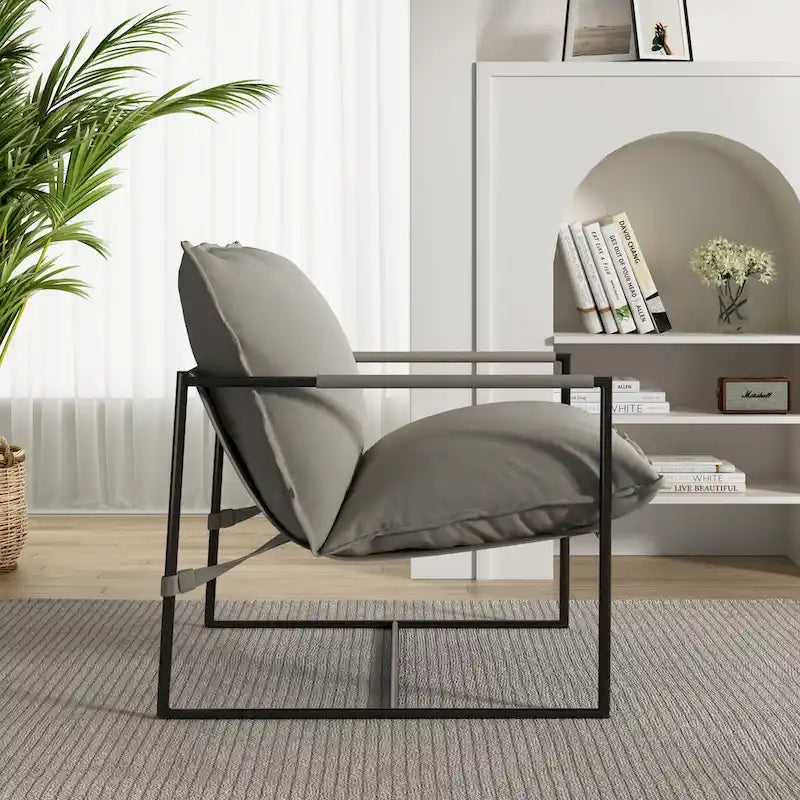 Sillón de Acento con Estructura Metálica y Asiento Colgante – Estilo Cuadrado Abierto, 1 Persona (Marrón / Gris Claro / Azul / Negro / Beige)