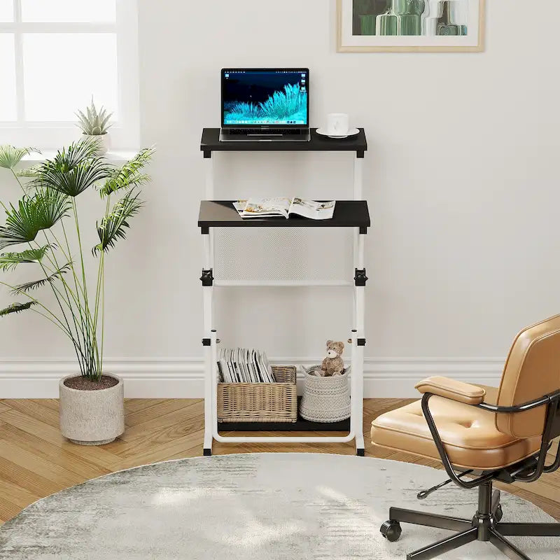Escritorio de altura ajustable negro/blanco con estante, 1 persona