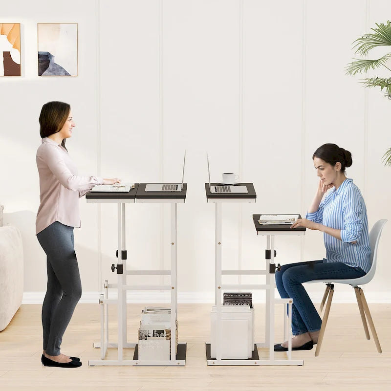 Escritorio de altura ajustable negro/blanco con estante, 1 persona