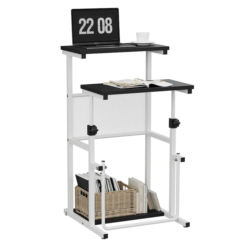 Escritorio de altura ajustable negro/blanco con estante, 1 persona