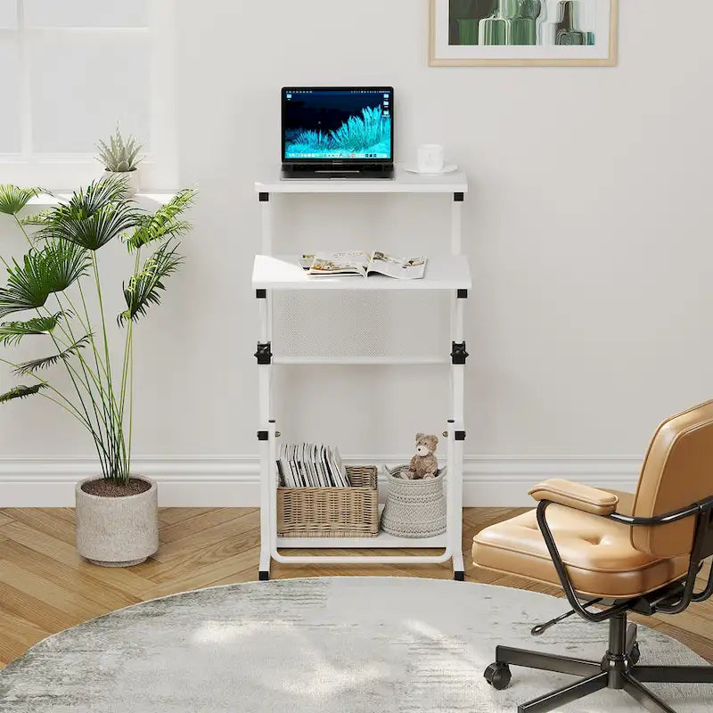 Escritorio de altura ajustable negro/blanco con estante, 1 persona