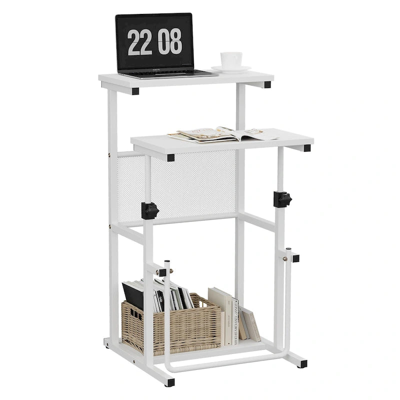 Escritorio de altura ajustable negro/blanco con estante, 1 persona