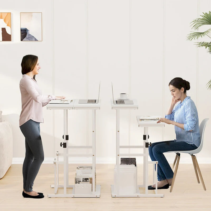 Escritorio de altura ajustable negro/blanco con estante, 1 persona