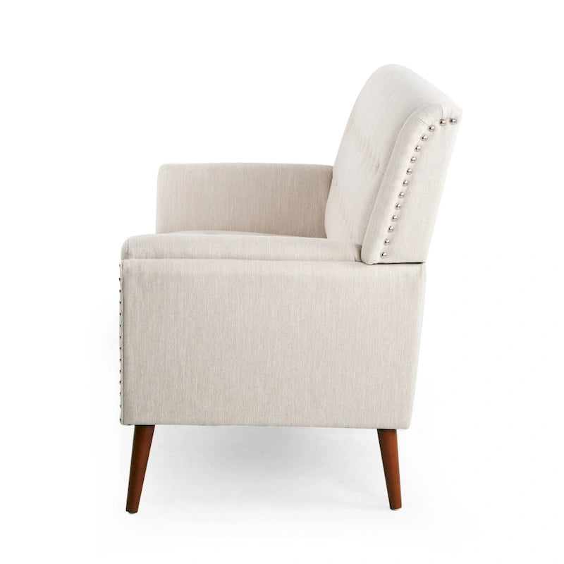 Sofá de dos plazas de estilo Mid-Century, carbón/beige + nogal