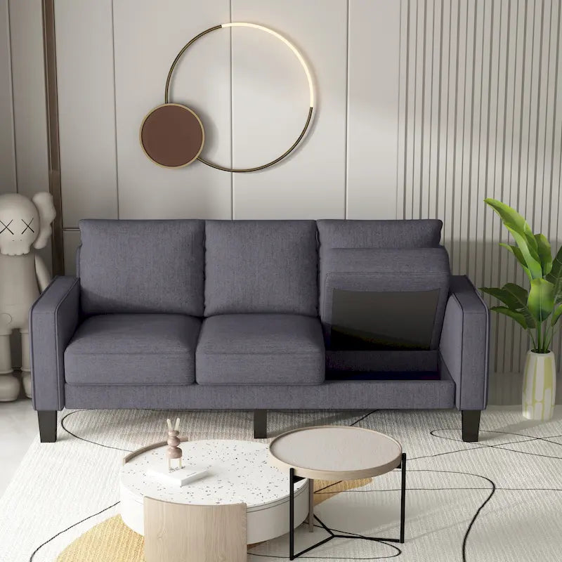 Sofá de tela de 3 plazas beige / gris / gris y negro con almacenaje