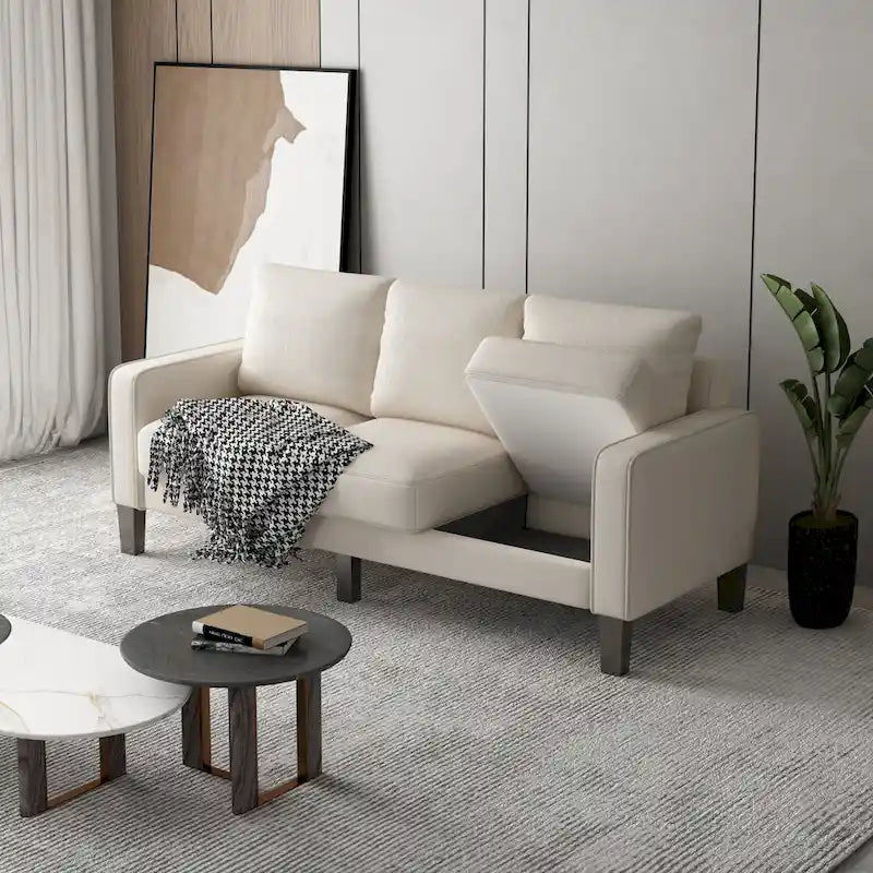 Sofá de tela de 3 plazas beige / gris / gris y negro con almacenaje