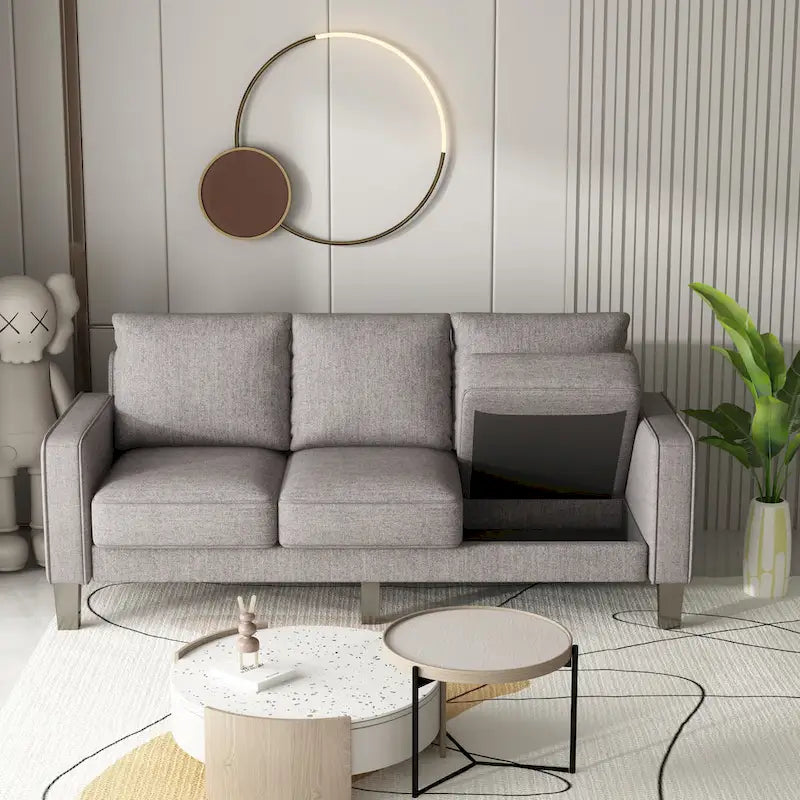 Sofá de tela de 3 plazas beige / gris / gris y negro con almacenaje