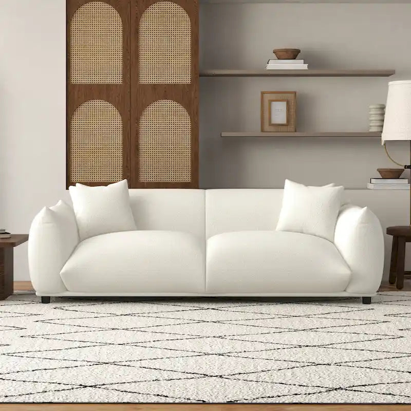 Mansan Mid Century Modern Luxury Tight Pillow Back French Boucle Couch in Cream