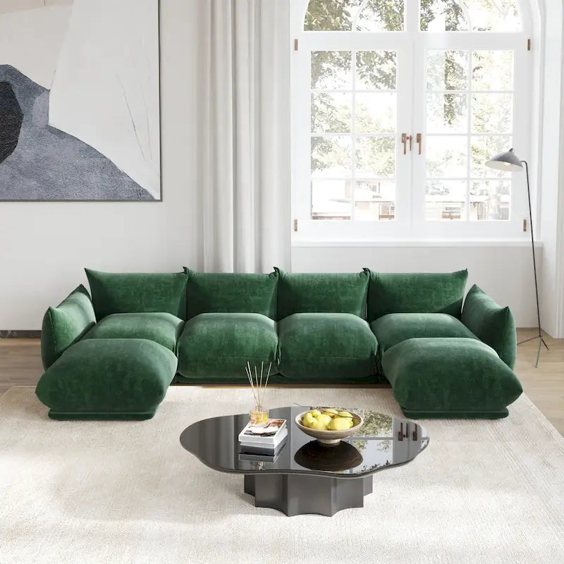 Sofá Seccional en Forma de U de Chenilla, 4 plazas – Verde / Naranja / Beige / Negro