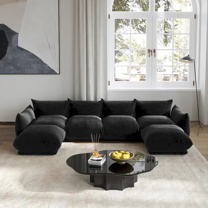 Sofá Seccional en Forma de U de Chenilla, 4 plazas – Verde / Naranja / Beige / Negro