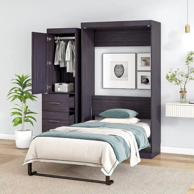 Cama de pared de tamaño matrimonial Cama Murphy con armario y cajones, se puede plegar en un armario