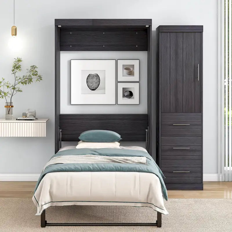 Cama de pared de tamaño matrimonial Cama Murphy con armario y cajones, se puede plegar en un armario