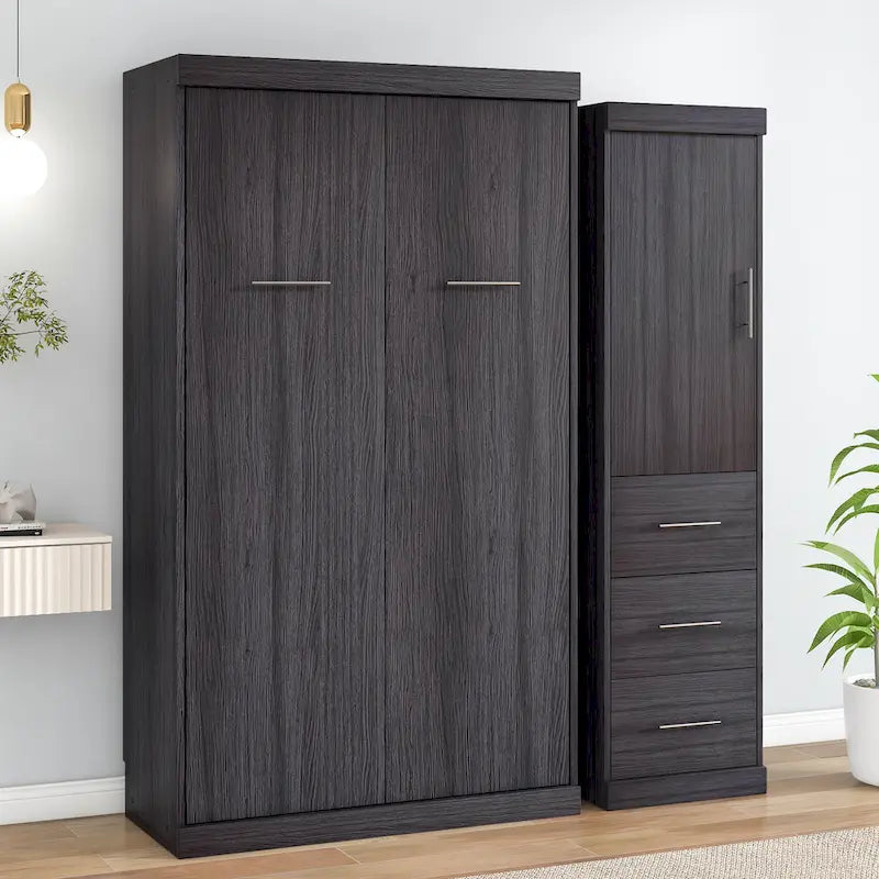 Cama de pared de tamaño matrimonial Cama Murphy con armario y cajones, se puede plegar en un armario
