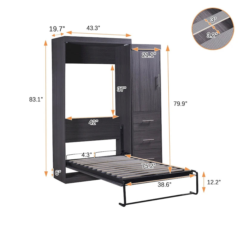 Cama de pared de tamaño matrimonial Cama Murphy con armario y cajones, se puede plegar en un armario