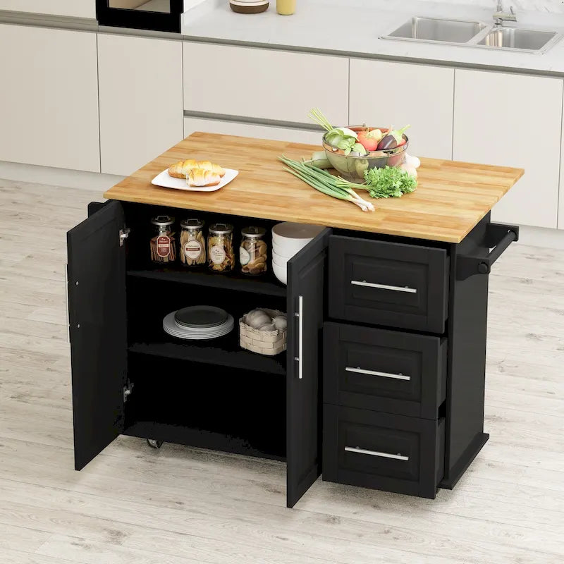 Carrito de isla de cocina rodante en blanco y negro, 3 cajones y gabinete de 2 puertas