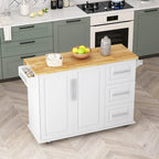 Carrito de isla de cocina rodante en blanco y negro, 3 cajones y gabinete de 2 puertas