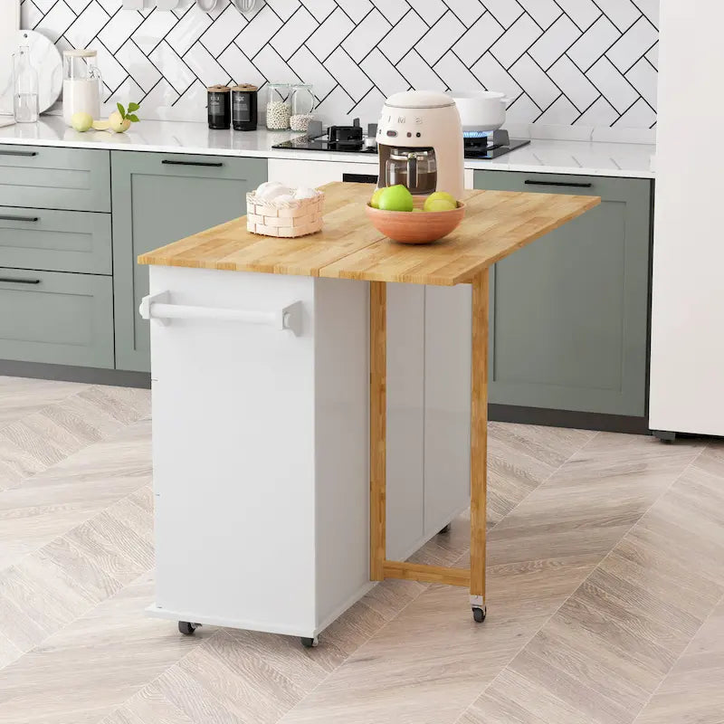 Carrito de isla de cocina rodante en blanco y negro, 3 cajones y gabinete de 2 puertas