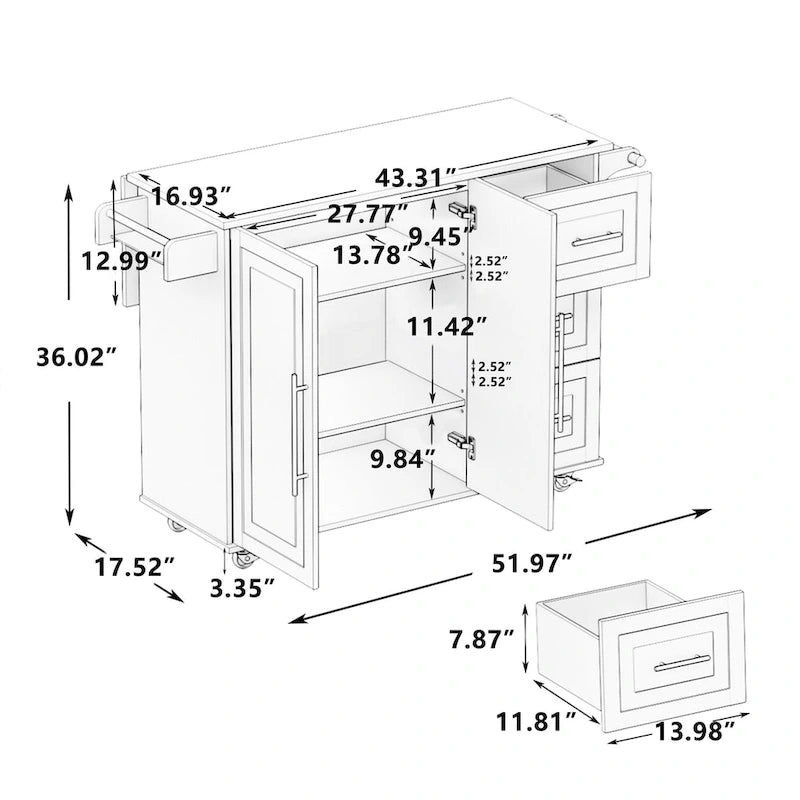 Carrito de isla de cocina rodante en blanco y negro, 3 cajones y gabinete de 2 puertas