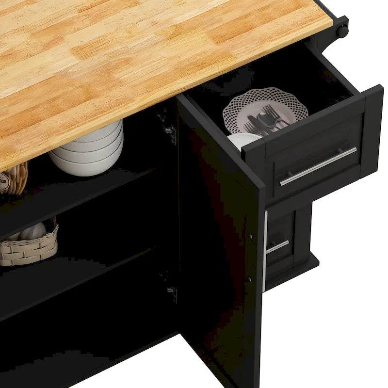 Carrito de isla de cocina rodante en blanco y negro, 3 cajones y gabinete de 2 puertas