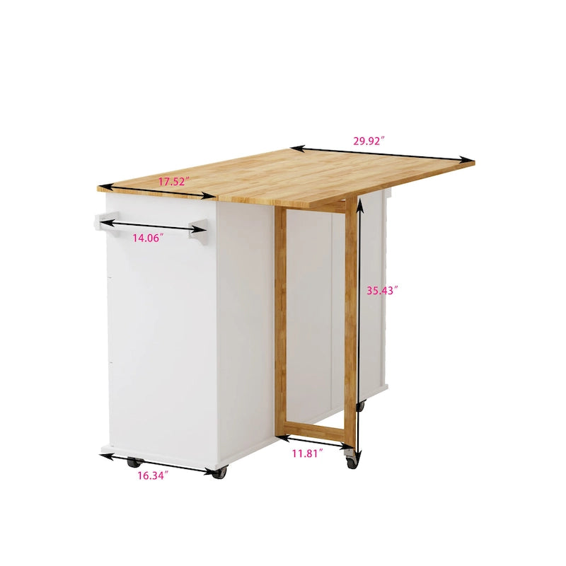 Carrito de isla de cocina rodante en blanco y negro, 3 cajones y gabinete de 2 puertas