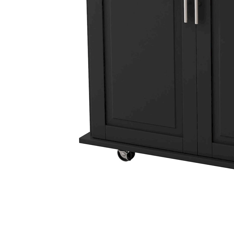 Carrito de isla de cocina rodante en blanco y negro, 3 cajones y gabinete de 2 puertas