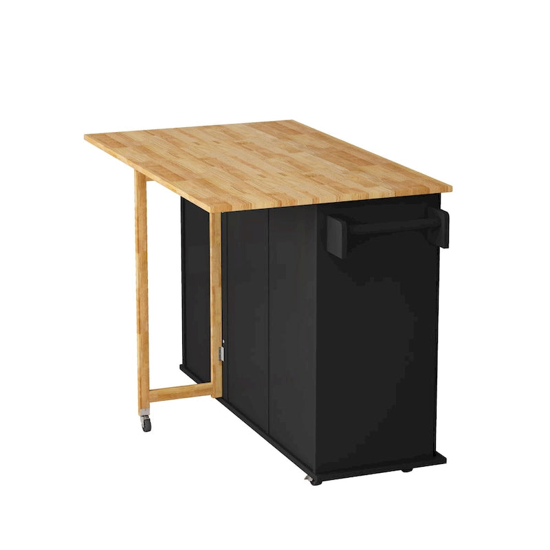 Carrito de isla de cocina rodante en blanco y negro, 3 cajones y gabinete de 2 puertas