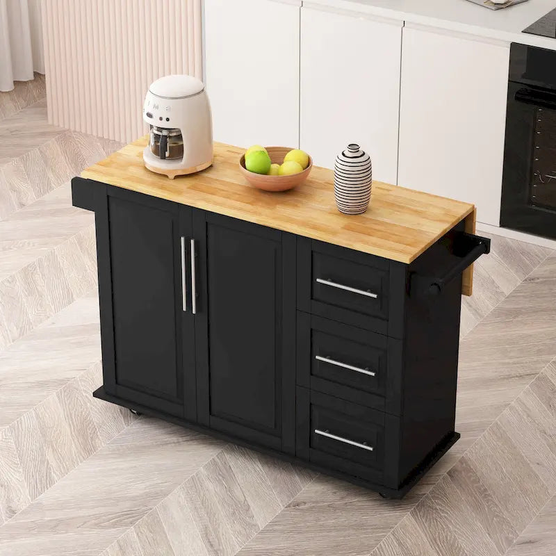 Carrito de isla de cocina rodante en blanco y negro, 3 cajones y gabinete de 2 puertas
