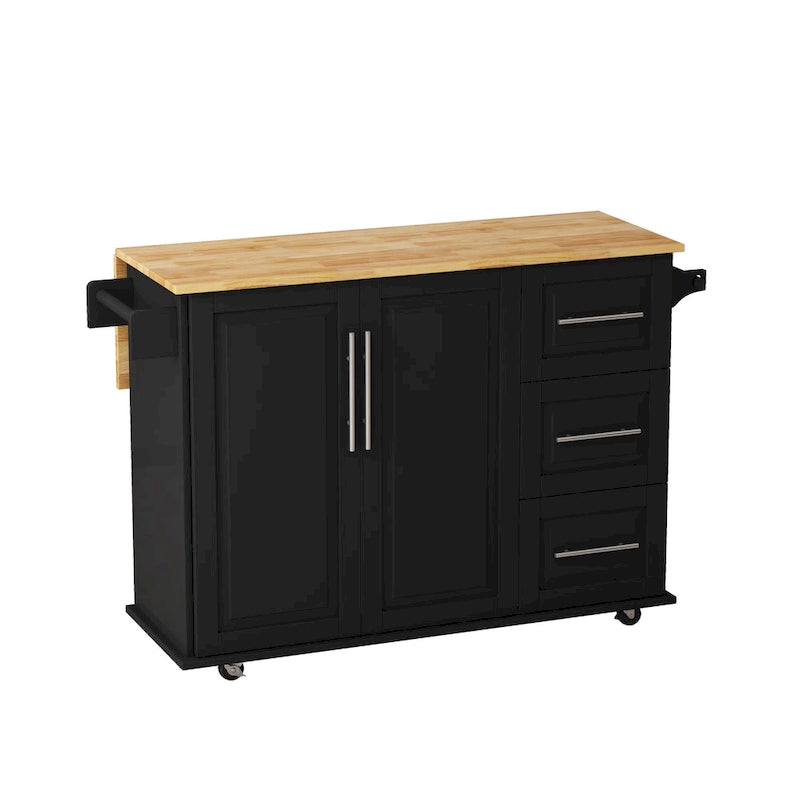 Carrito de isla de cocina rodante en blanco y negro, 3 cajones y gabinete de 2 puertas