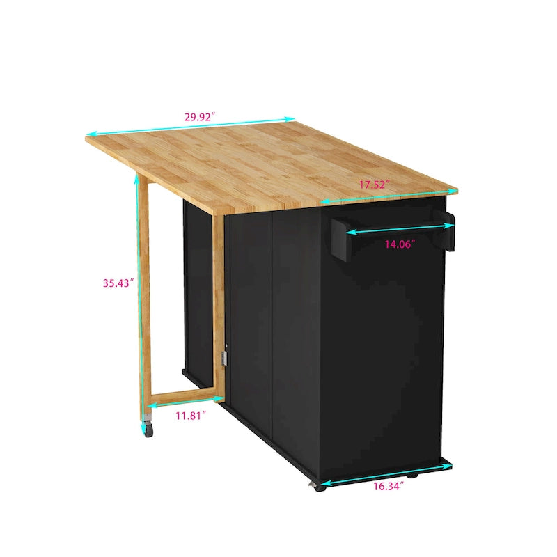 Carrito de isla de cocina rodante en blanco y negro, 3 cajones y gabinete de 2 puertas