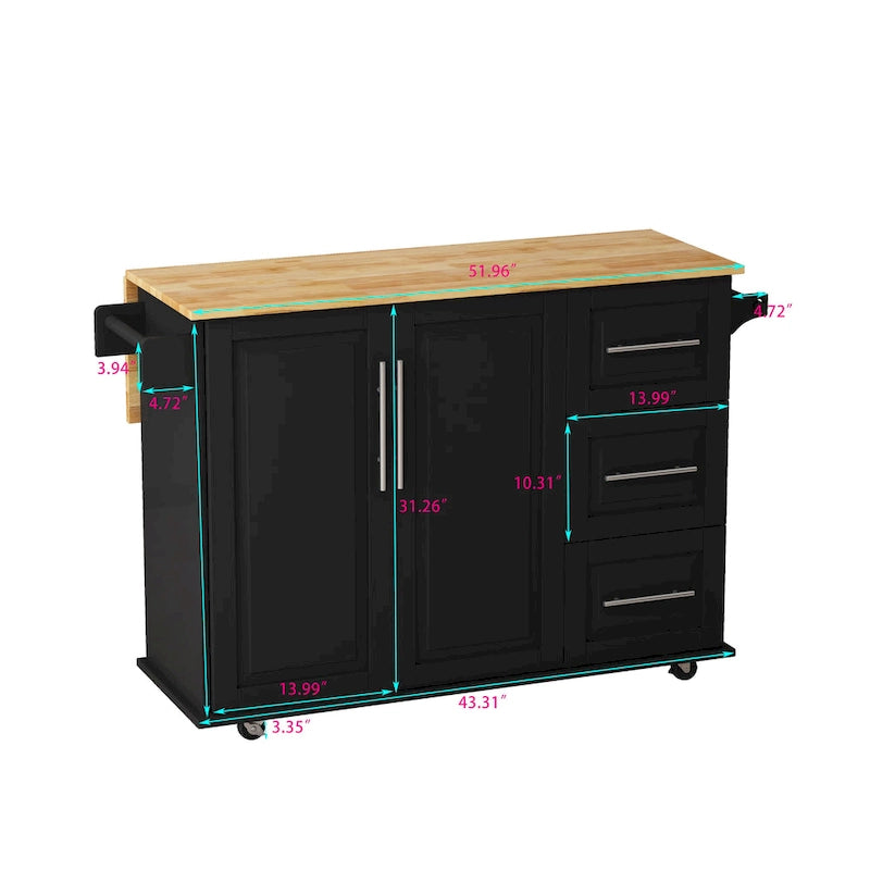 Carrito de isla de cocina rodante en blanco y negro, 3 cajones y gabinete de 2 puertas