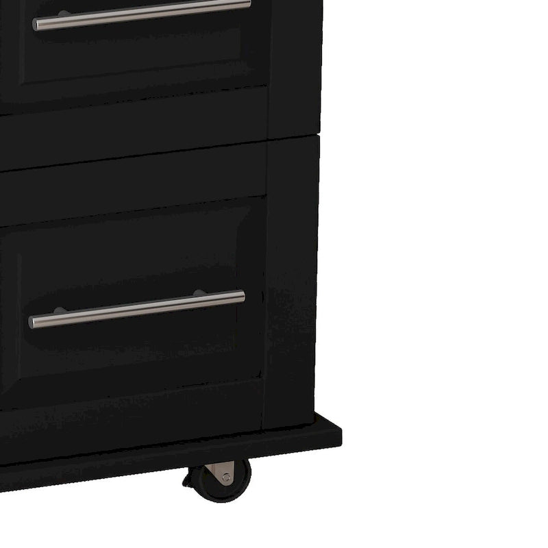 Carrito de isla de cocina rodante en blanco y negro, 3 cajones y gabinete de 2 puertas